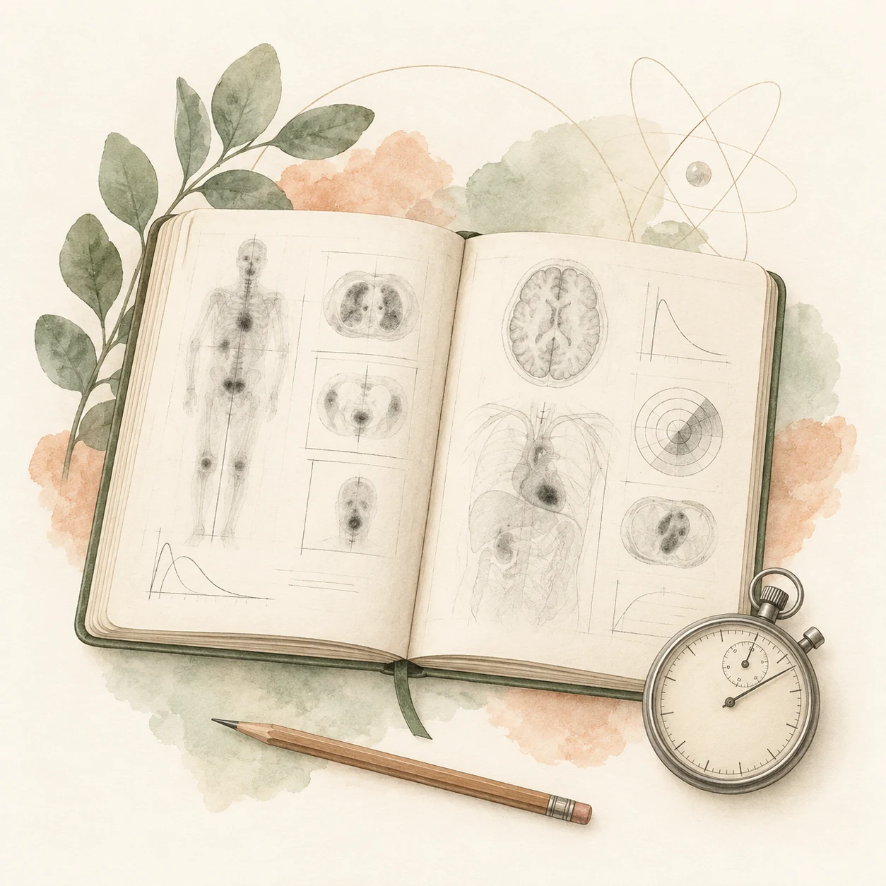 Conceptual illustration of a nuclear medicine study notebook
